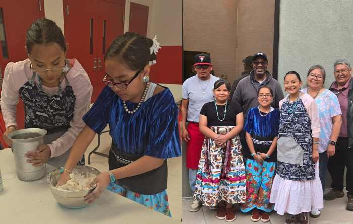 Students prepare frybread together and pose with family and community members during a frybread contest at Baca/Dlo'ay Ázhi Community School.
