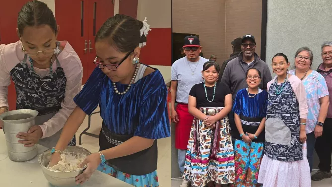 Students prepare frybread together and pose with family and community members during a frybread contest at Baca/Dlo'ay Ázhi Community School.